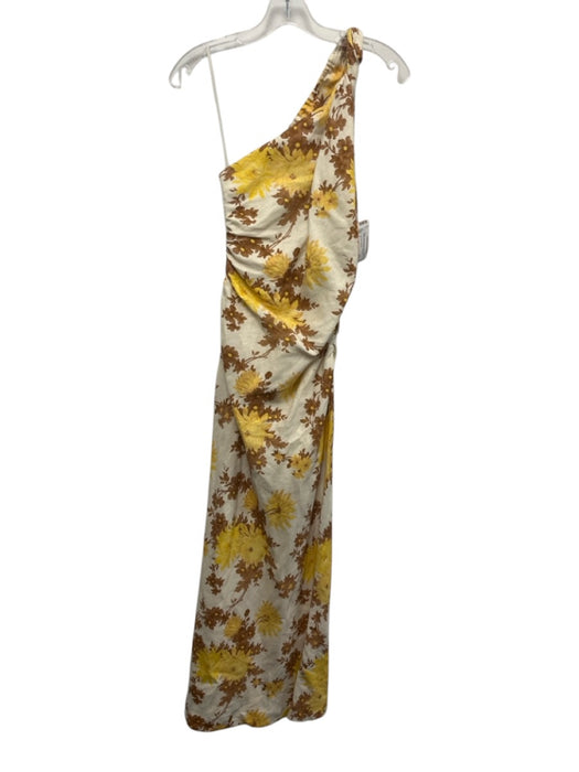 Faithfull the Brand Size 4 White, Yellow, Brown Linen One Shoulder Floral Dress White, Yellow, Brown / 4