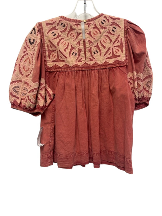 Ulla Johnson Size 2 Washed Red & Cream Cotton Short Balloon Sleeve Top Washed Red & Cream / 2