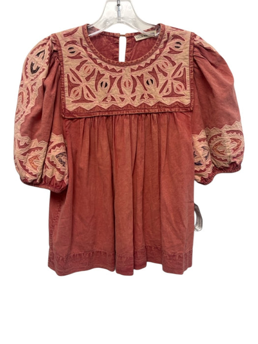 Ulla Johnson Size 2 Washed Red & Cream Cotton Short Balloon Sleeve Top Washed Red & Cream / 2