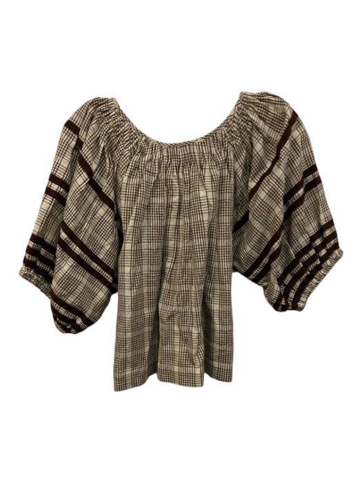 Loeffler Randall Size S Cream Beige & Brown Cotton & Linen Gingham U Neck Top Cream Beige & Brown / S