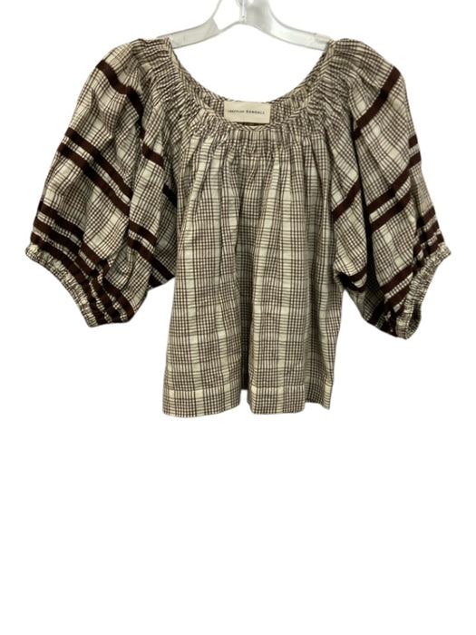 Loeffler Randall Size S Cream Beige & Brown Cotton & Linen Gingham U Neck Top Cream Beige & Brown / S