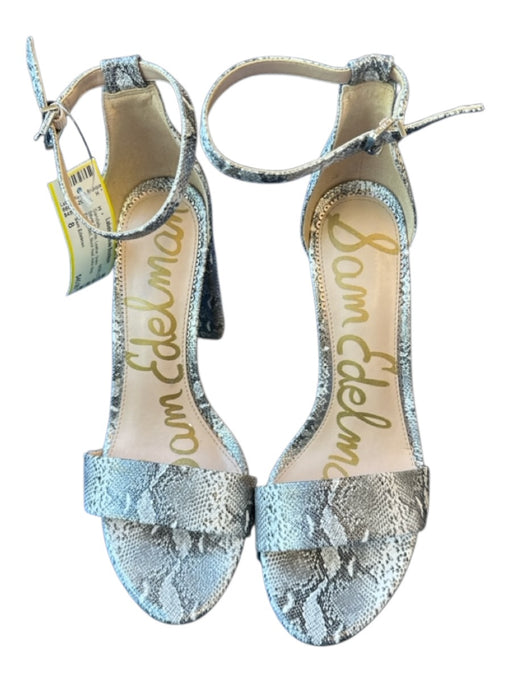 Sam Edelman Shoe Size 8 Silver & White Leather Snake Embossed Block Heel Sandals Silver & White / 8