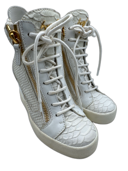 Guiseppe Zanotti Shoe Size 37 White & Gold Leather Snake Gold Zipper Sneakers White & Gold / 37