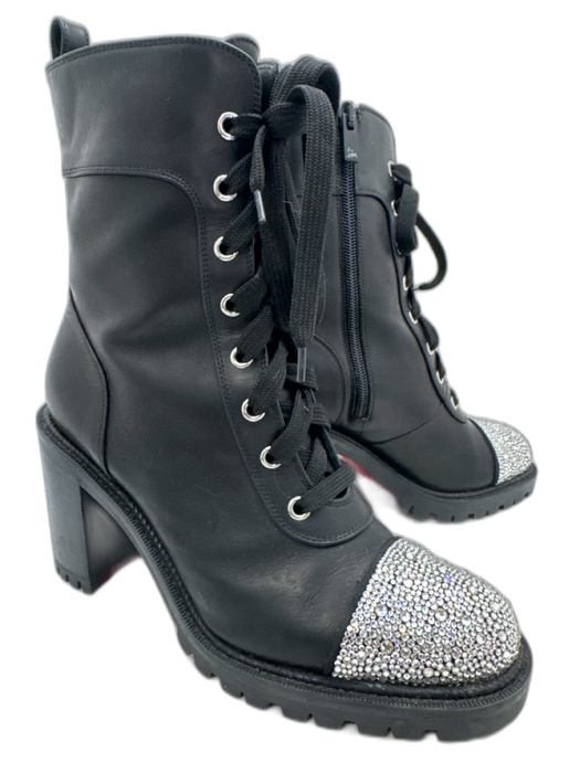 Christian Louboutin Shoe Size 38 Black & Silver Leather Rhinestone Booties Black & Silver / 38