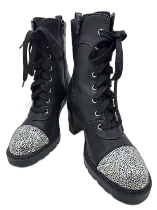 Christian Louboutin Shoe Size 38 Black & Silver Leather Rhinestone Booties Black & Silver / 38