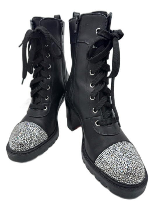 Christian Louboutin Shoe Size 38 Black & Silver Leather Rhinestone Booties Black & Silver / 38