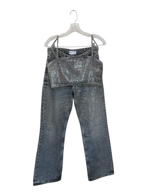 Zara Size 4 Grey Cotton Blend Sequin Detail Straight Cropped Pants Set Grey / 4