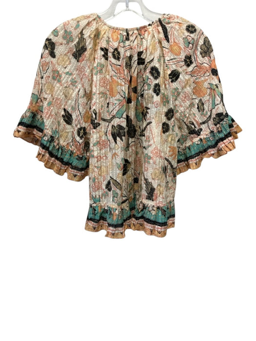 Ulla Johnson Size 10 teal, orange, cream Cotton Blend Short Ruffle Sleeve Top teal, orange, cream / 10