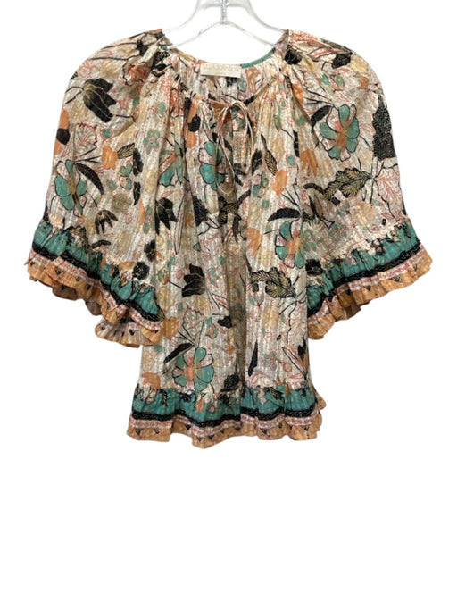 Ulla Johnson Size 10 teal, orange, cream Cotton Blend Short Ruffle Sleeve Top teal, orange, cream / 10