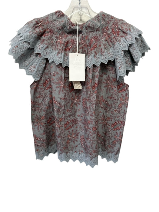 Ulla Johnson Size 8 Red, Orange, Blue Cotton Ruffle Sleeves Floral Lace Trim Top Red, Orange, Blue / 8