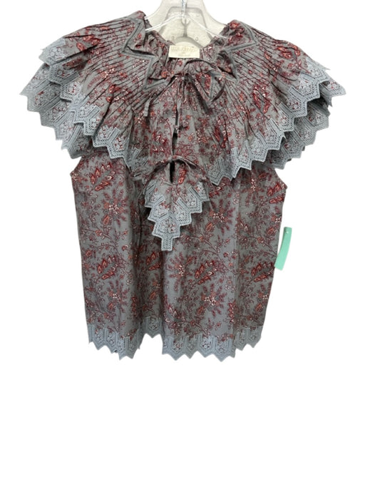 Ulla Johnson Size 8 Red, Orange, Blue Cotton Ruffle Sleeves Floral Lace Trim Top Red, Orange, Blue / 8