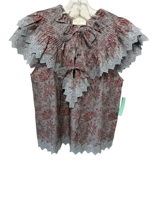 Ulla Johnson Size 8 Red, Orange, Blue Cotton Ruffle Sleeves Floral Lace Trim Top Red, Orange, Blue / 8