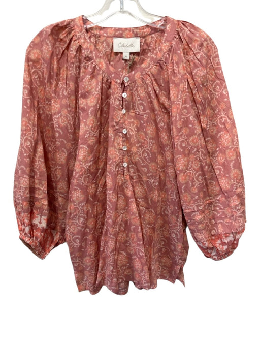 Cleobella Size Medium Pink, Orange, Beige Cotton Long Sleeve Floral Pintuck Top Pink, Orange, Beige / Medium