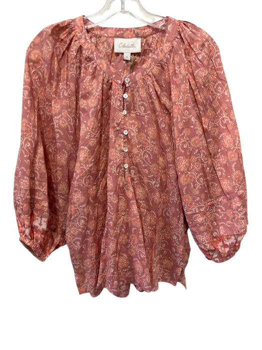 Cleobella Size Medium Pink, Orange, Beige Cotton Long Sleeve Floral Pintuck Top Pink, Orange, Beige / Medium