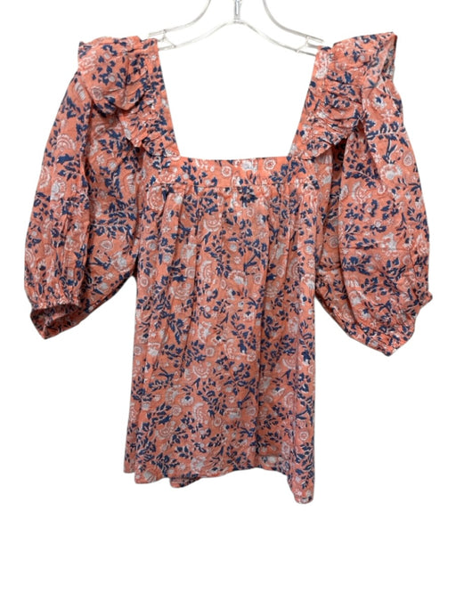 Cleobella Size Medium Orange, Blue, White Cotton Short Puff Sleeve Floral Top Orange, Blue, White / Medium
