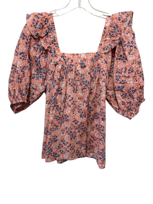 Cleobella Size Medium Orange, Blue, White Cotton Short Puff Sleeve Floral Top Orange, Blue, White / Medium