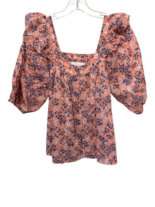 Cleobella Size Medium Orange, Blue, White Cotton Short Puff Sleeve Floral Top Orange, Blue, White / Medium