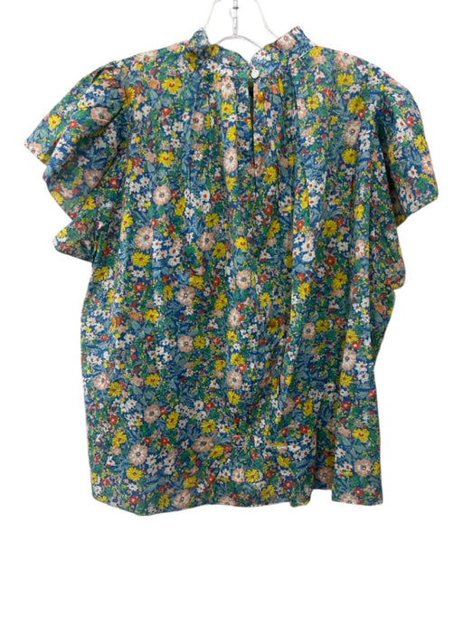 Birds of Paradis Size Medium Yellow, Blue, Green Cotton Short Ruffle Sleeve Top Yellow, Blue, Green / Medium