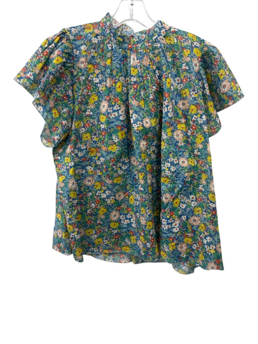 Birds of Paradis Size Medium Yellow, Blue, Green Cotton Short Ruffle Sleeve Top Yellow, Blue, Green / Medium