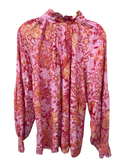 XiRENA Size Large Pink, Red, Orange Rayon Long Sleeve Floral Button Front Top Pink, Red, Orange / Large