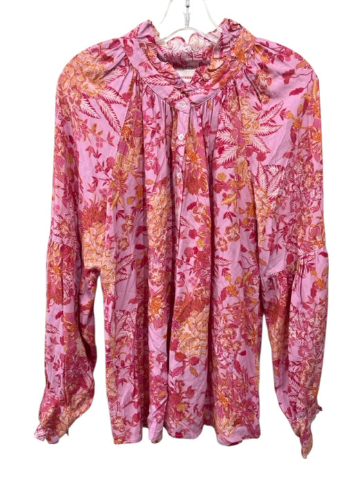 XiRENA Size Large Pink, Red, Orange Rayon Long Sleeve Floral Button Front Top Pink, Red, Orange / Large