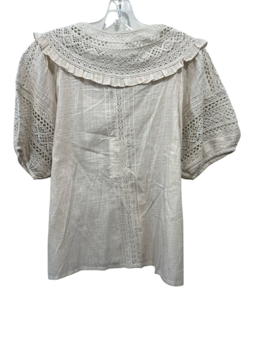 Cleobella Size Medium Beige Cotton Short Puff Sleeve Crochet Lace Textured Top Beige / Medium