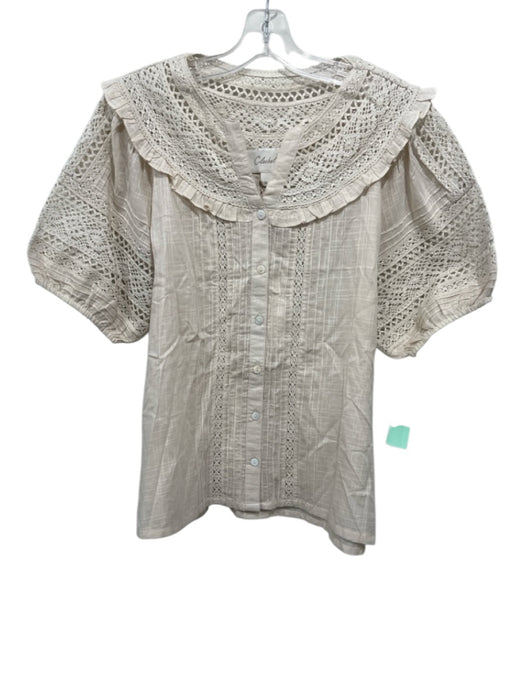 Cleobella Size Medium Beige Cotton Short Puff Sleeve Crochet Lace Textured Top Beige / Medium