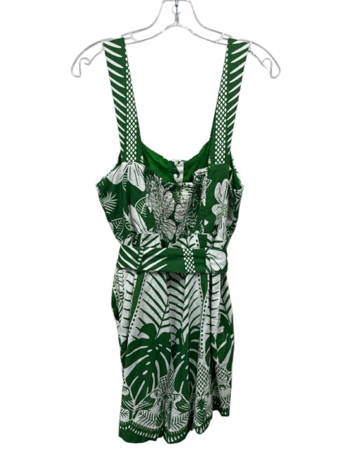 Farm Rio Size Large Green & White Linen Blend Sleeveless Leaves Smocked Romper Green & White / Large