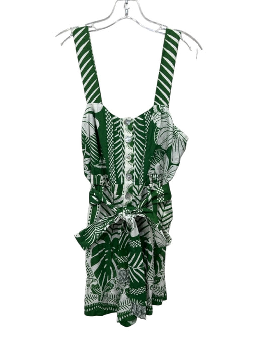 Farm Rio Size Large Green & White Linen Blend Sleeveless Leaves Smocked Romper Green & White / Large