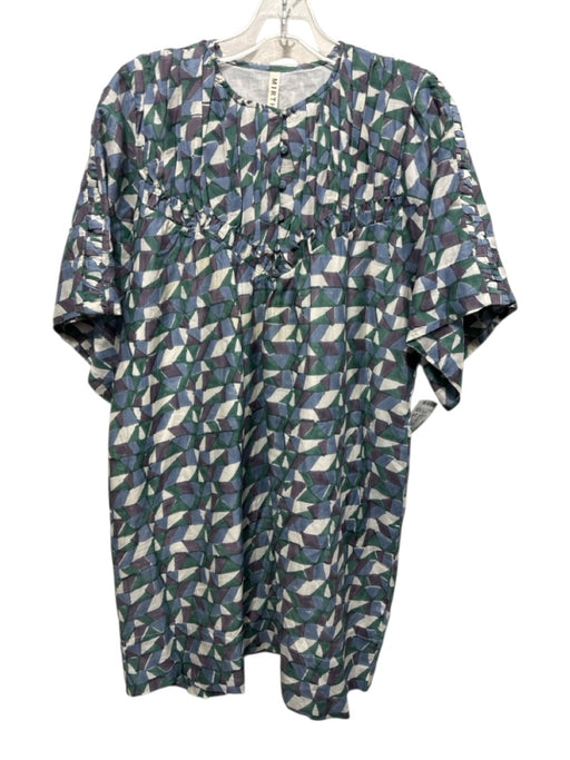 Mirth Size Medium Blue, Purple, Green Cotton Short Sleeve Watercolor Dress Blue, Purple, Green / Medium