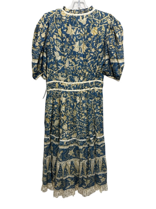 Ulla Johnson Size 10 Blue, Yellow, White Cotton Blend Short Puff Sleeve Dress Blue, Yellow, White / 10