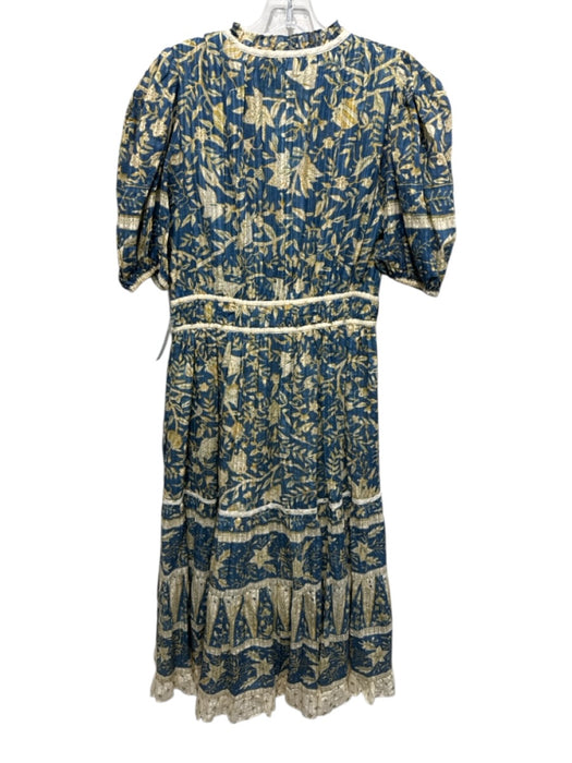 Ulla Johnson Size 10 Blue, Yellow, White Cotton Blend Short Puff Sleeve Dress Blue, Yellow, White / 10