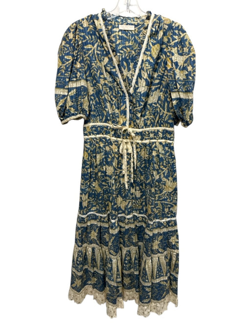 Ulla Johnson Size 10 Blue, Yellow, White Cotton Blend Short Puff Sleeve Dress Blue, Yellow, White / 10