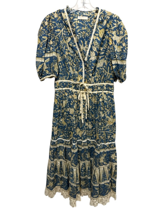 Ulla Johnson Size 10 Blue, Yellow, White Cotton Blend Short Puff Sleeve Dress Blue, Yellow, White / 10
