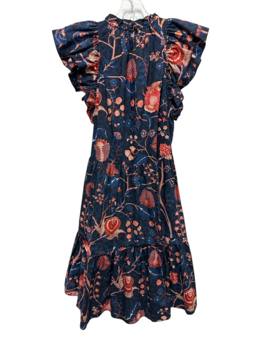 Ulla Johnson Size Est M Navy, Orange, Red Cotton Blend Ruffle Cap Sleeve Dress Navy, Orange, Red / Est M