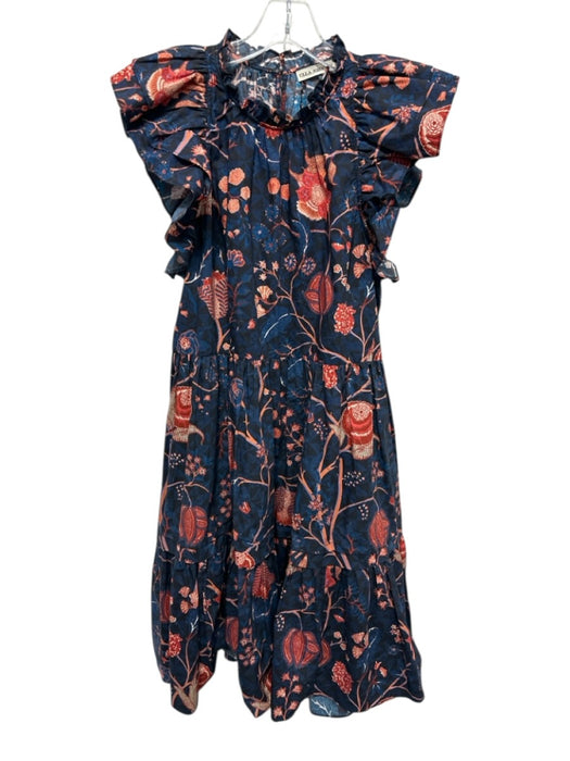 Ulla Johnson Size Est M Navy, Orange, Red Cotton Blend Ruffle Cap Sleeve Dress Navy, Orange, Red / Est M