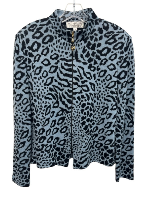 St. John Collection Size 14 Blue & Black Print Wool Blend Zipper Jacket Blue & Black Print / 14