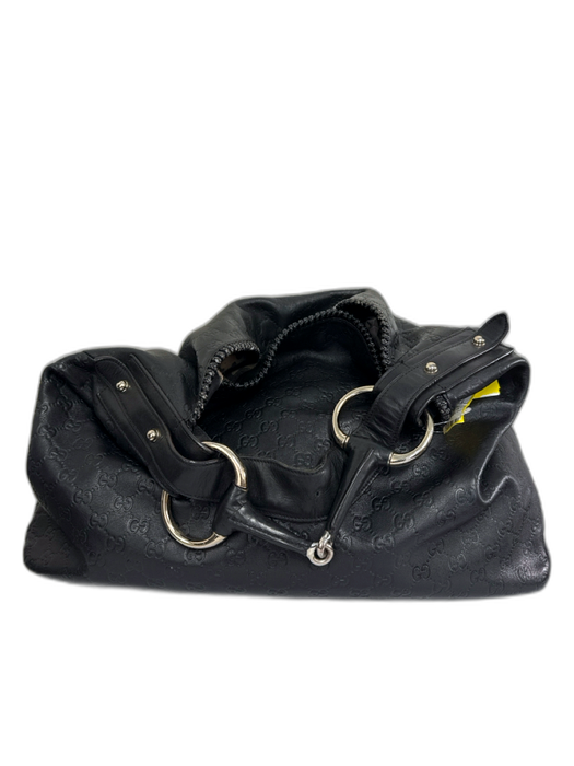 Gucci Black Leather Logo Embossed Silver Hardware Top Handle Magnetic Close Bag Black / L