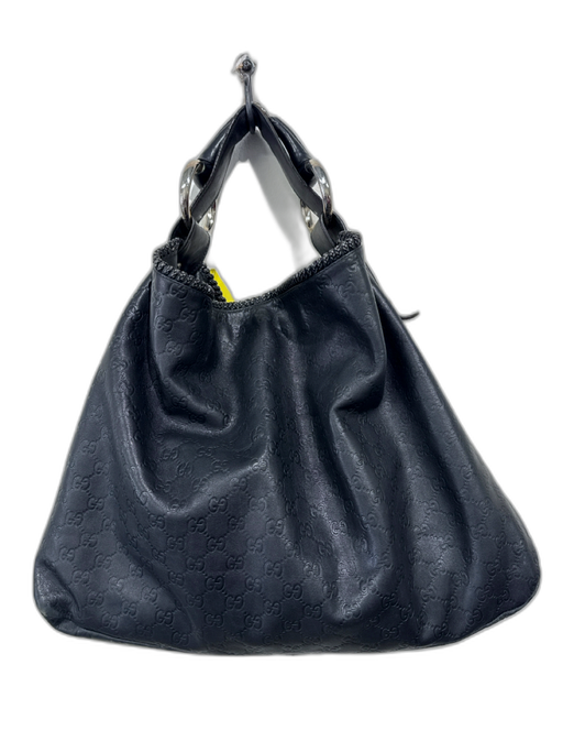 Gucci Black Leather Logo Embossed Silver Hardware Top Handle Magnetic Close Bag Black / L