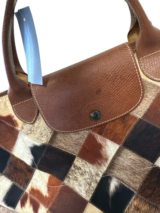 Longchamp Brown, Black, Cream Nylon fur print Patchwork Tote Luggage Brown, Black, Cream