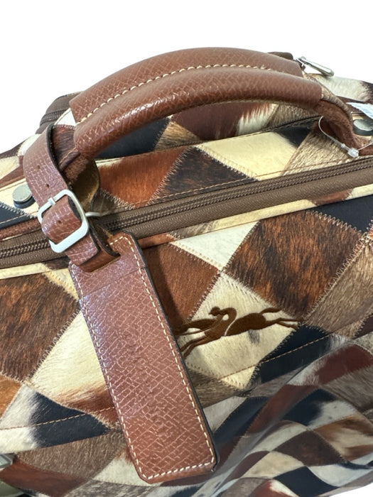 Longchamp Brown, Black, Cream Nylon Leather trim fur print Patchwork Luggage Brown, Black, Cream