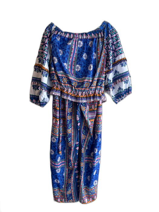 Rachel Zoe Size S Blue Polyester Off Shoulder Cropped Floral Pant Set Blue / S
