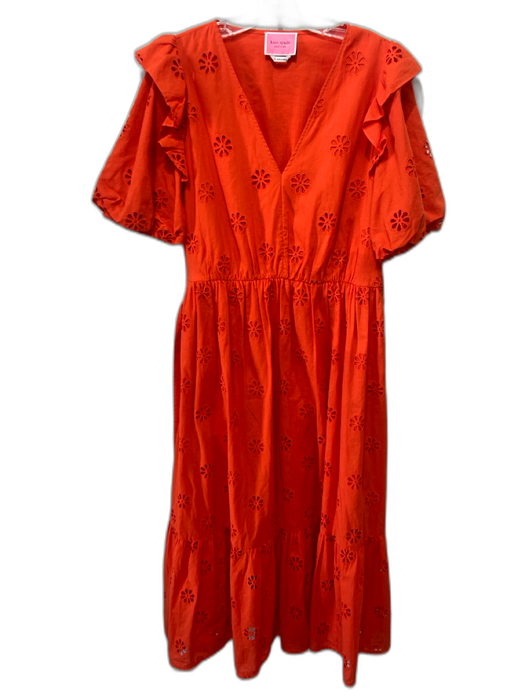 Kate Spade Size 12 Orange Cotton Short Puff Sleeve Floral Eyelet V Neck Dress Orange / 12