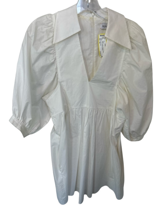 Hunter Bell Size XS White Cotton 3/4 Balloon Sleeve Collar V Neck Back Zip Dress White / XS