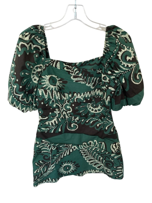Sea New York Size 4 Green & Black Cotton Short Balloon Sleeve Gathered Dress Green & Black / 4