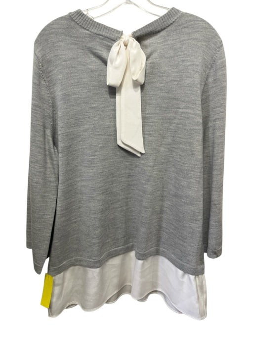 St. John Size L Gray & White Wool & Silk Knit Layered Back Bow Crew Neck Sweater Gray & White / L