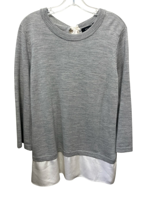 St. John Size L Gray & White Wool & Silk Knit Layered Back Bow Crew Neck Sweater Gray & White / L