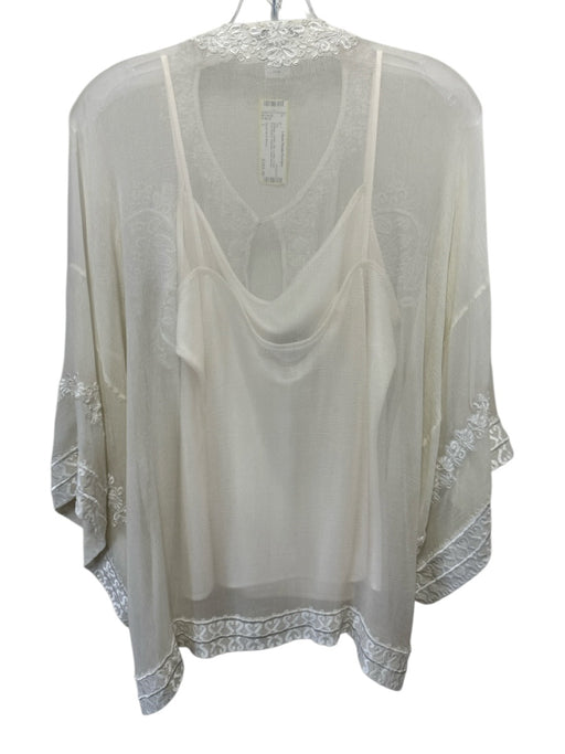 Oscar de la Renta Size L Cream Silk Chiffon Floral Embroidery Keyhole Top Cream / L