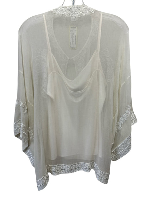 Oscar de la Renta Size L Cream Silk Chiffon Floral Embroidery Keyhole Top Cream / L