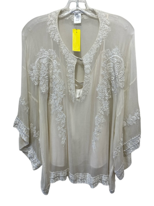 Oscar de la Renta Size L Cream Silk Chiffon Floral Embroidery Keyhole Top Cream / L